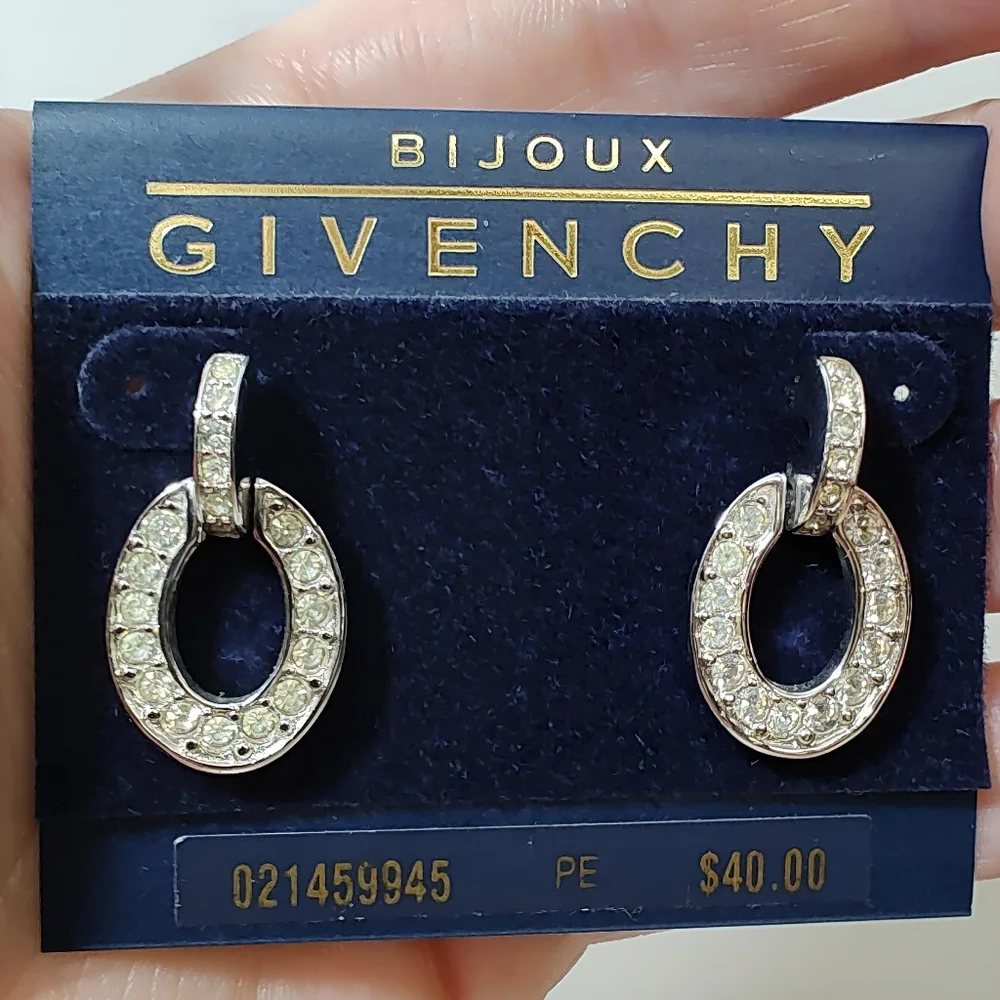 Vintage Bijoux GIVENCHY Silver tone Open Circle Pave Drop Earrings POST BACK NOS